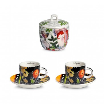 LE PUPAZZE  SET 2 TAZZE CAFFE' E ZUCCHERIERA NERO