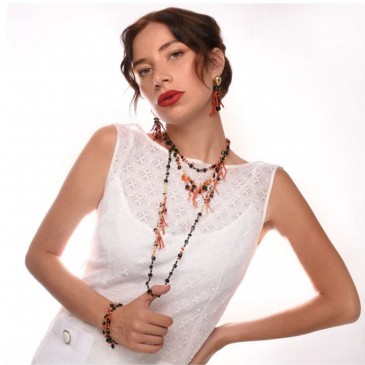 COLLANA URSULA LUNGA FRANGE CORALLO ONICE SPINELLO