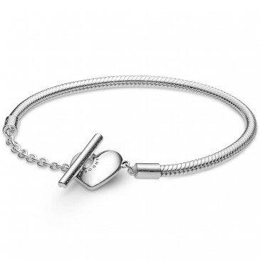 Bracciale Pandora Moments con maglia snake, cuore e barretta a T