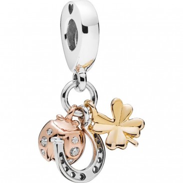 Charm pendente Ferro di cavallo, trifoglio e coccinella