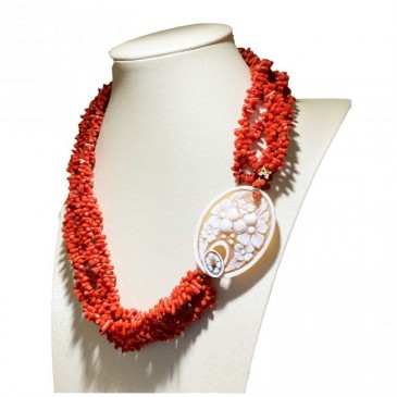 COLLANA FIBULA 5FILI CORALLO CAMMEO SARD. ORO CM50
