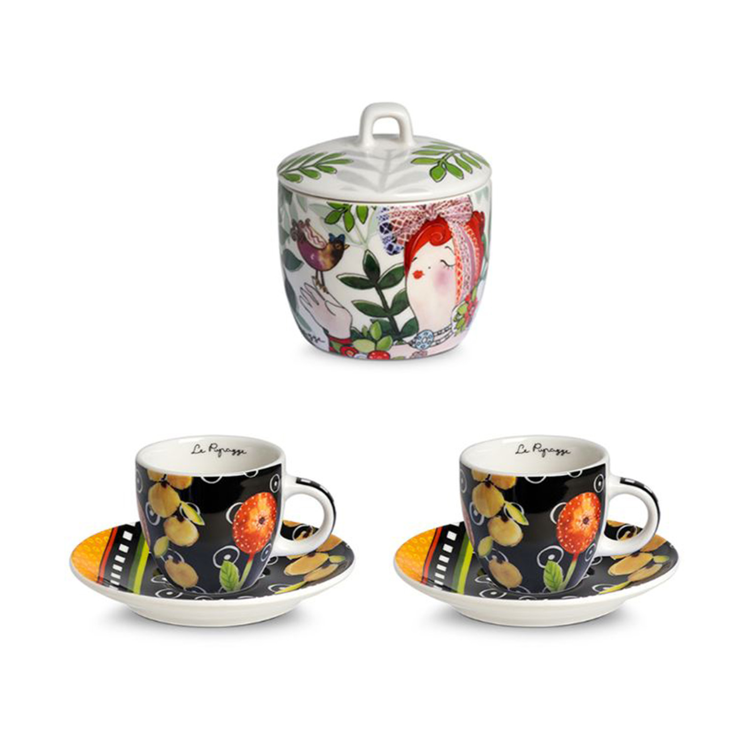 LE PUPAZZE  SET 2 TAZZE CAFFE' E ZUCCHERIERA NERO