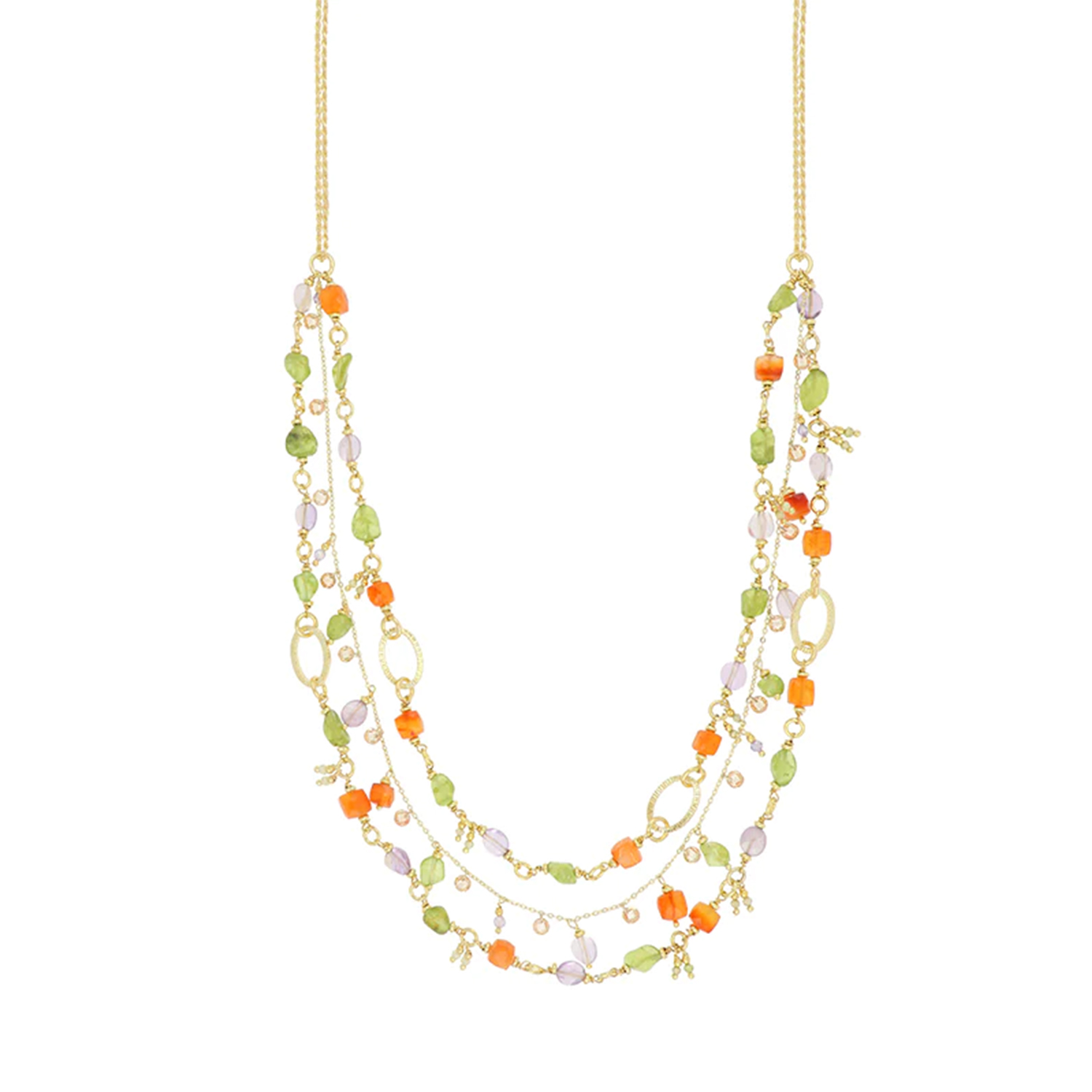 COLLANA CHIARA TRE FILI PERIDOTTO AMETISTA CORNEOLA IN ARGENTO 925