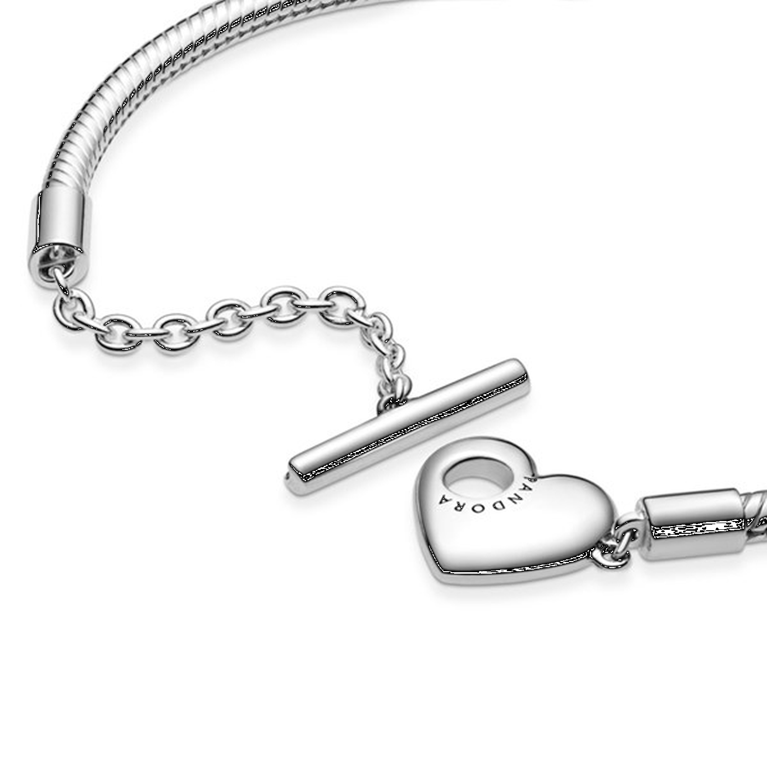 Bracciale Pandora Moments con maglia snake, cuore e barretta a T