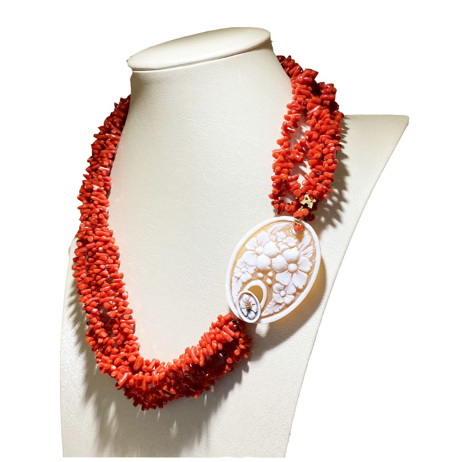 COLLANA FIBULA 5FILI CORALLO CAMMEO SARD. ORO CM50