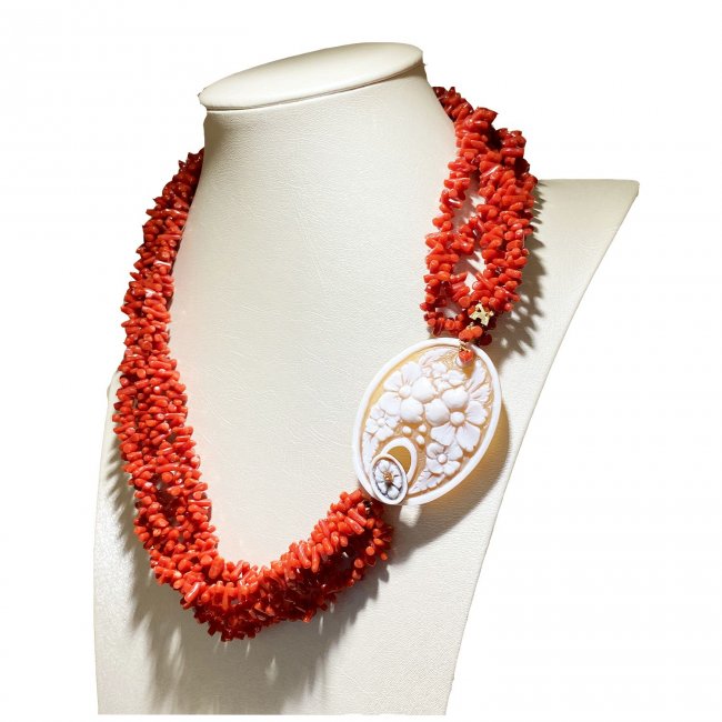 COLLANA FIBULA 5FILI CORALLO CAMMEO SARD. ORO CM50